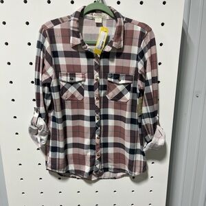 NWT Passport Marisol Roll Tab Plaid Shirt Mauve and Blue Size 16